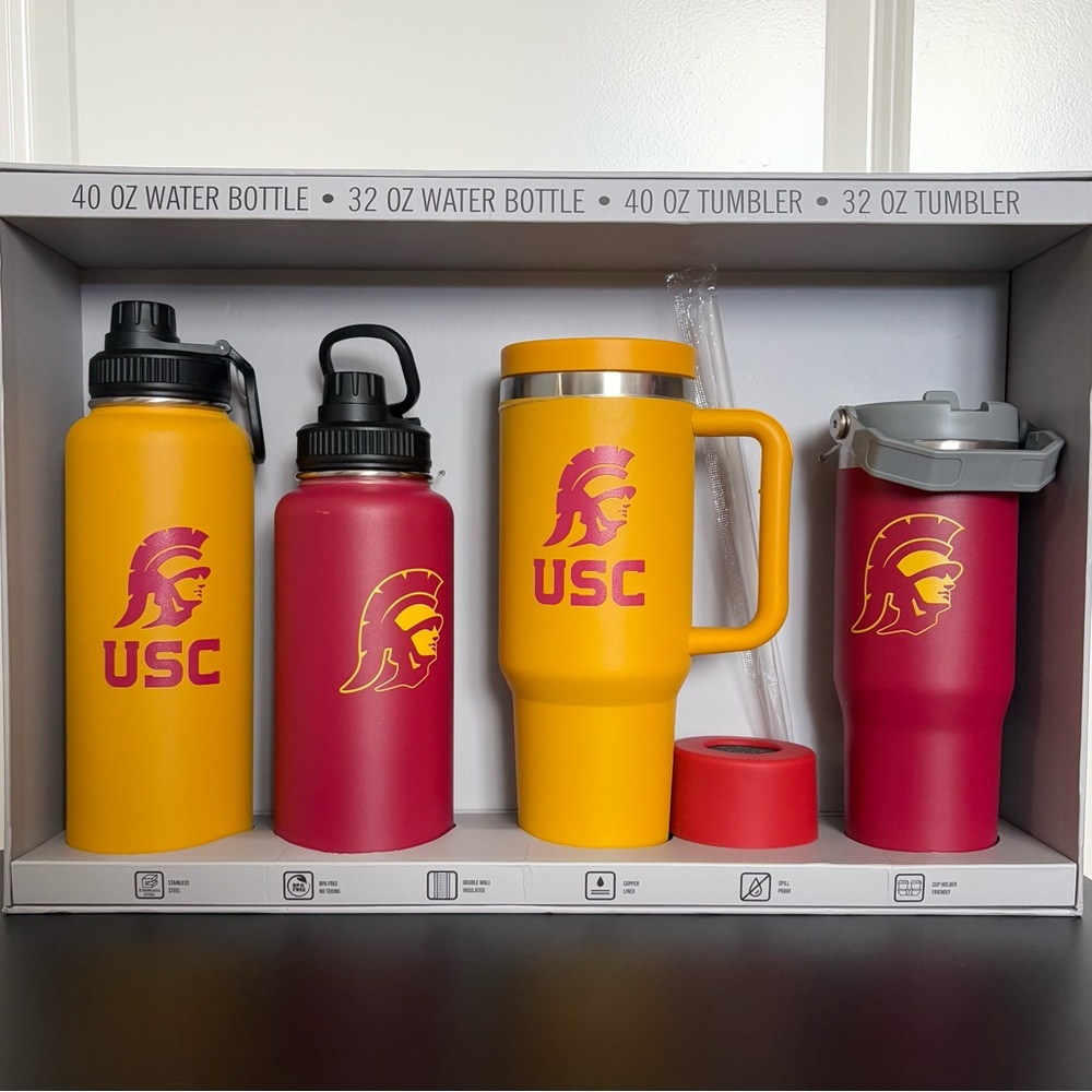 USC Trojans University of California Water Bottle Tumbler Set of 4 Gift Set NEW